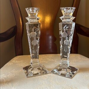 Stuart Cascade Fuchsia etched crystal candlestick holders, signed 1980s Scotland